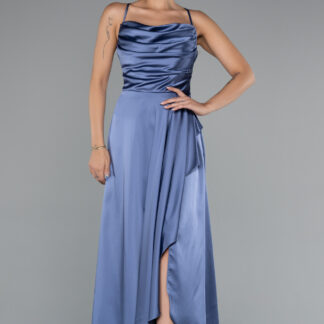 İndigo Göğüs Drapeli Midi Saten Abiye ABK1586