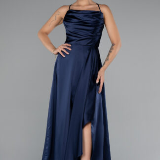 Lacivert Göğüs Drapeli Midi Saten Abiye ABK1586