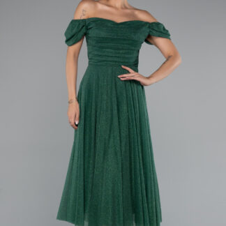 Zümrüt Yeşili Kayık Yaka Midi Simli Davet Elbisesi ABK1978