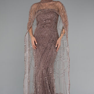 Bakır Straplez Uzun Şal Detay Boncuklu Abiye ABU5141