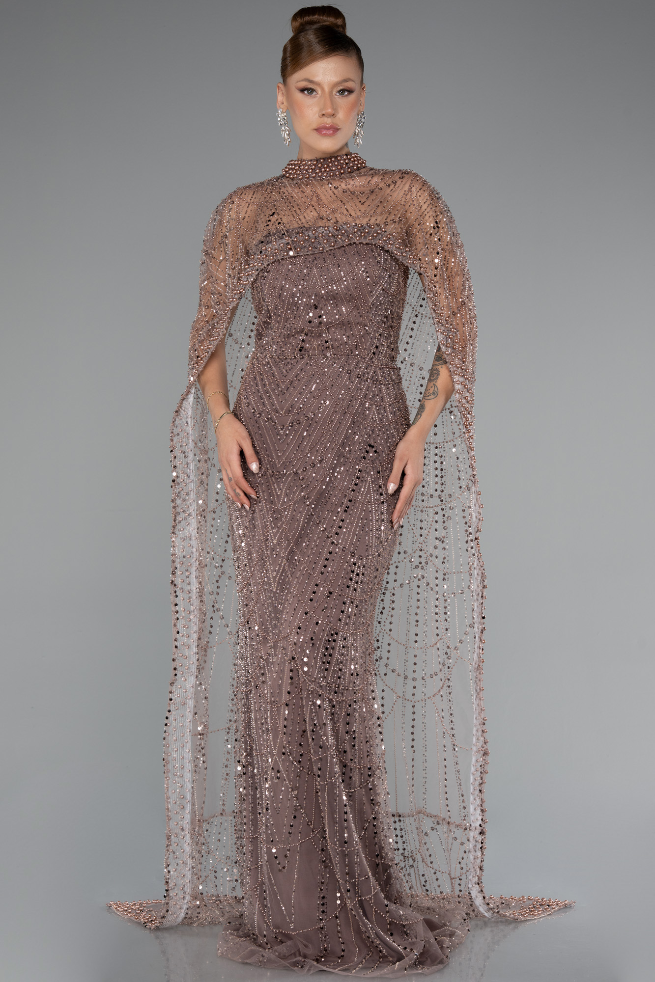 Bakır Straplez Uzun Şal Detay Boncuklu Abiye ABU5141