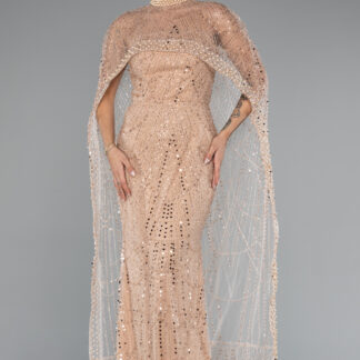 Gold Straplez Uzun Şal Detay Boncuklu Abiye ABU5141