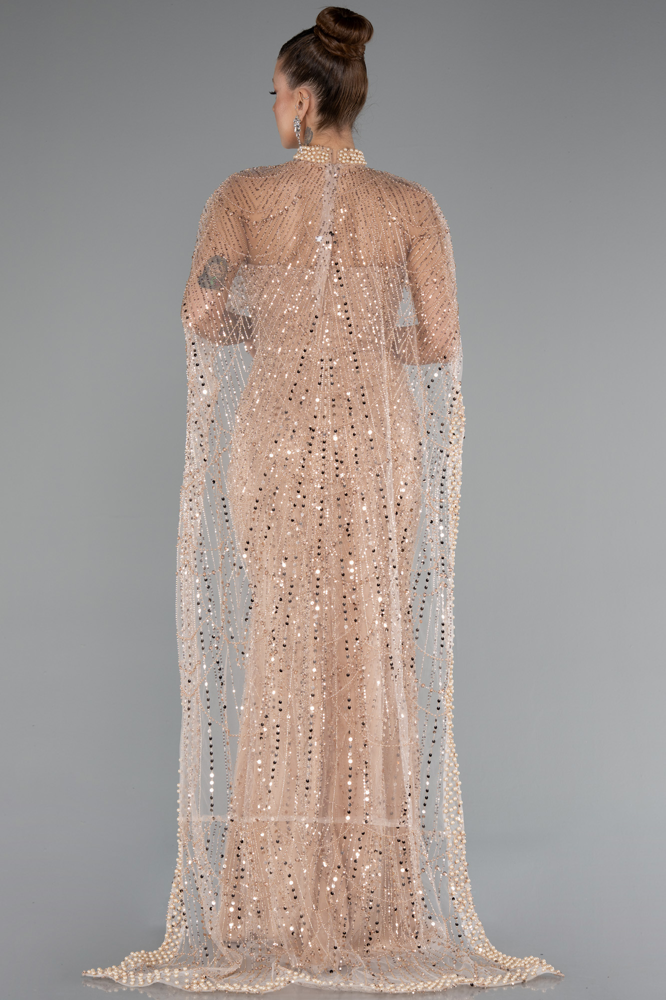 Gold Straplez Uzun Şal Detay Boncuklu Abiye ABU5141 - Görsel 3