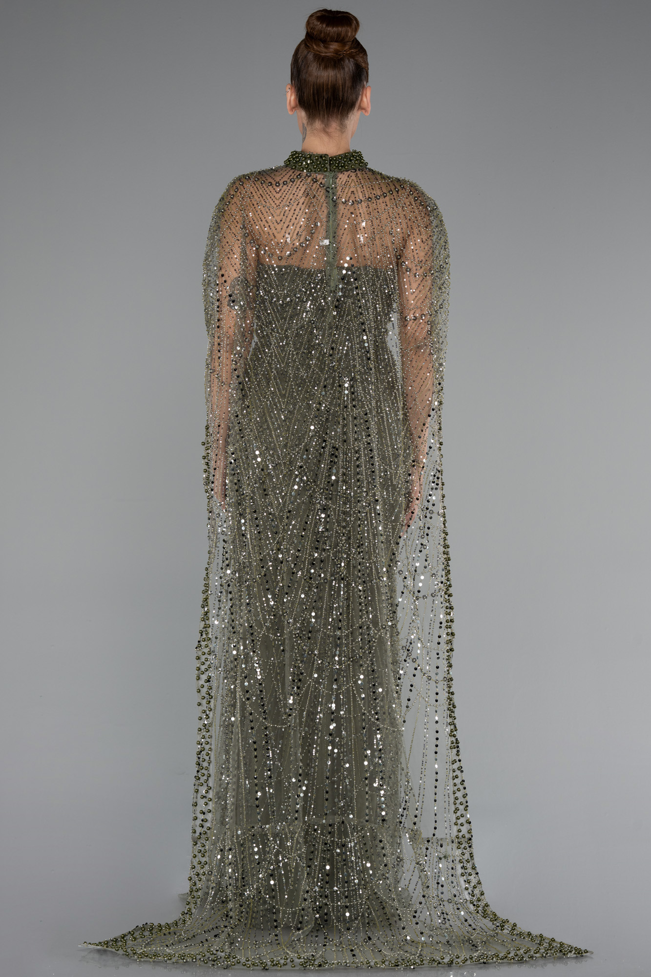 Haki Straplez Uzun Şal Detay Boncuklu Abiye ABU5141 - Görsel 3