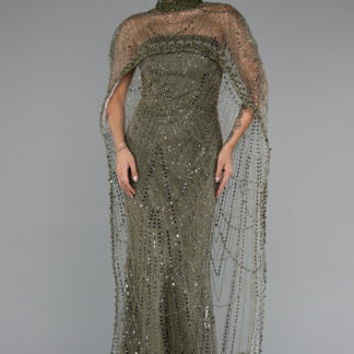 Haki Straplez Uzun Şal Detay Boncuklu Abiye ABU5141