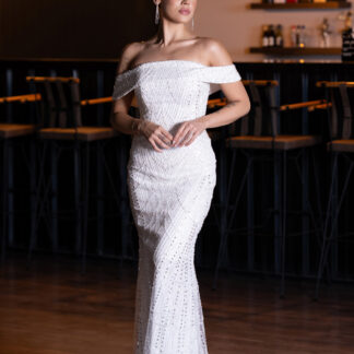 Ekru Kayık Yaka Uzun Boncuklu Balık Abiye Elbise ABU5137