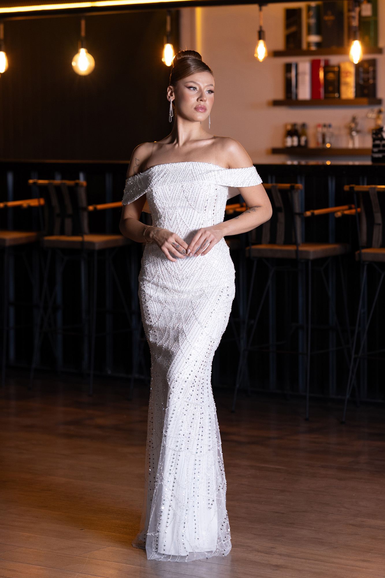 Ekru Kayık Yaka Uzun Boncuklu Balık Abiye Elbise ABU5137