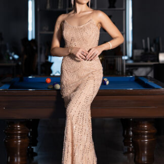 Gold Straplez Uzun Boncuklu Balık Abiye ABU5142