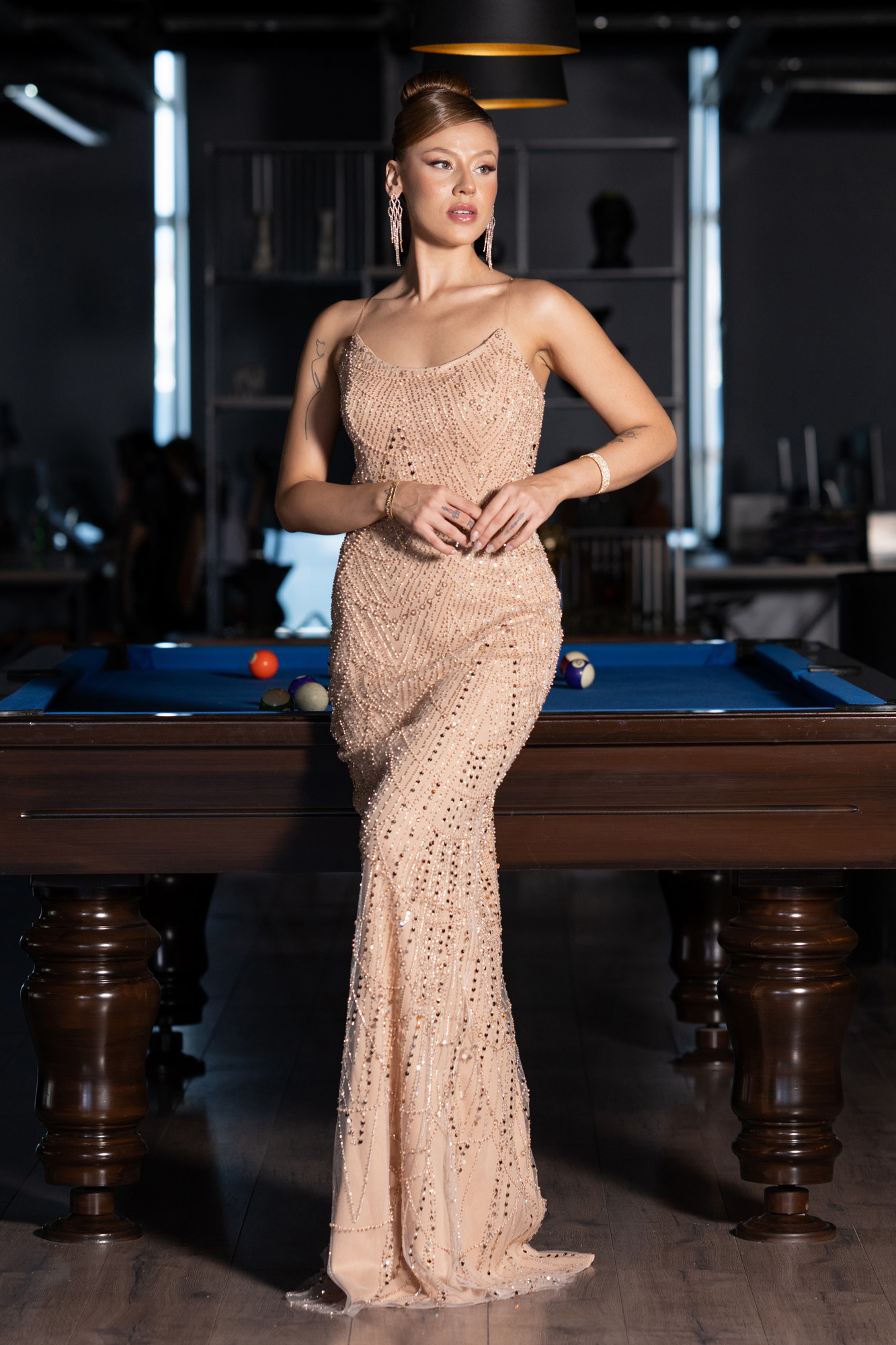 Gold Straplez Uzun Boncuklu Balık Abiye ABU5142