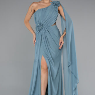 Mint Şallı Tek Omuz Yırtmaçlı Uzun Şifon Abiye ABU5144