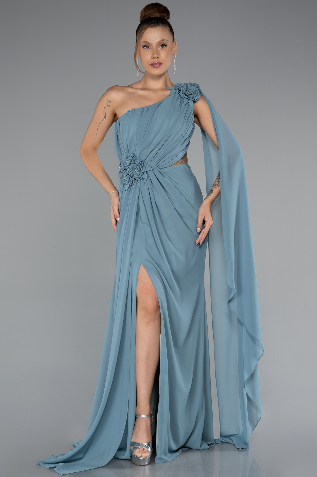 Mint Şallı Tek Omuz Yırtmaçlı Uzun Şifon Abiye ABU5144