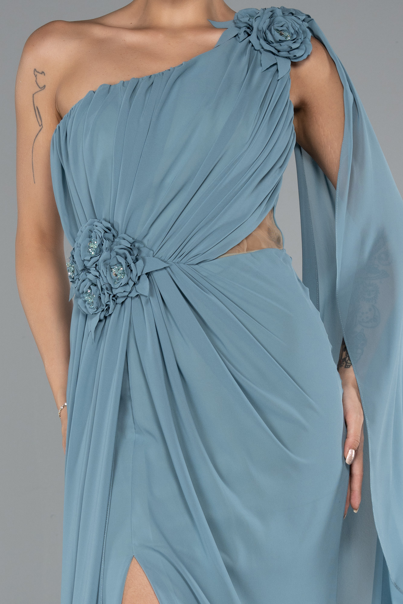 Mint Şallı Tek Omuz Yırtmaçlı Uzun Şifon Abiye ABU5144 - Görsel 3