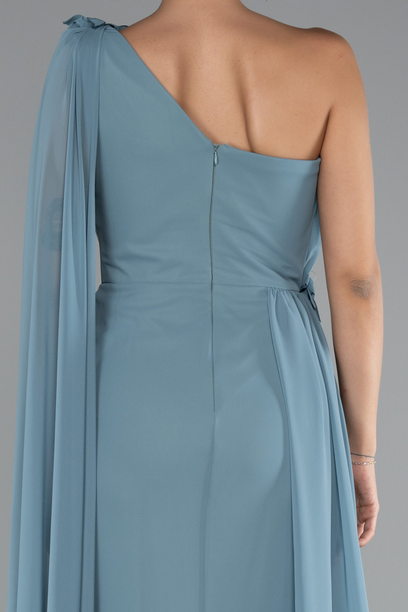 Mint Şallı Tek Omuz Yırtmaçlı Uzun Şifon Abiye ABU5144 - Görsel 4