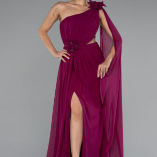 Mürdüm Şallı Tek Omuz Yırtmaçlı Uzun Şifon Abiye ABU5144