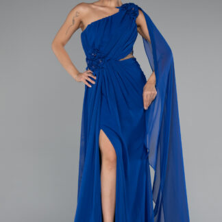 Saks Mavi Şallı Tek Omuz Yırtmaçlı Uzun Şifon Abiye ABU5144