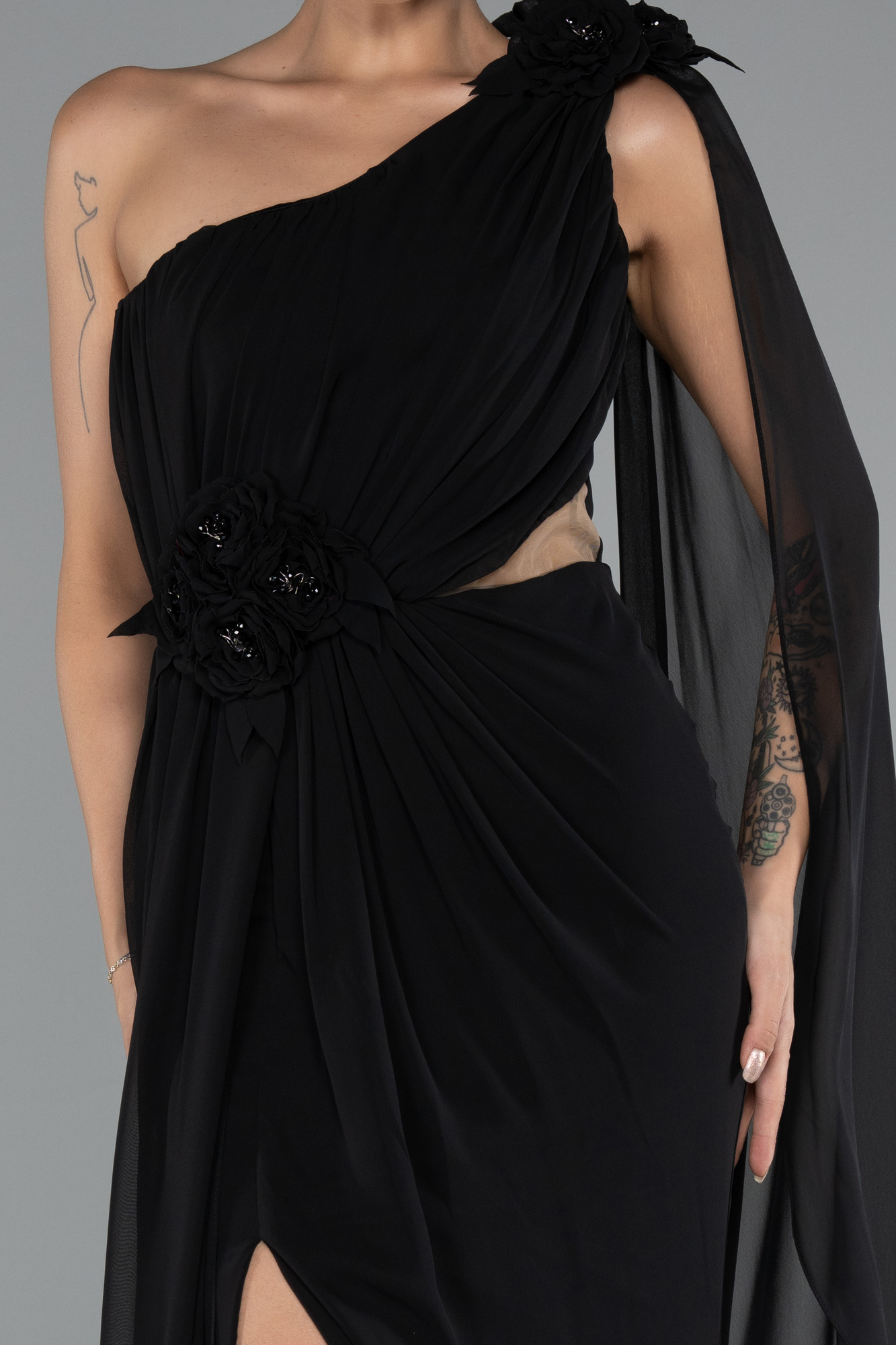 Siyah Şallı Tek Omuz Yırtmaçlı Uzun Şifon Abiye ABU5144 - Görsel 3