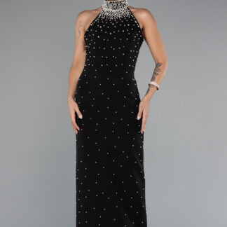 Siyah Halter Yaka Boncuklu Midi Davet Elbisesi ABK2399