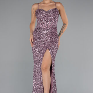 Pudra Yırtmaçlı Göğüs Drapeli Uzun Pullu Abiye Elbise ABU4842