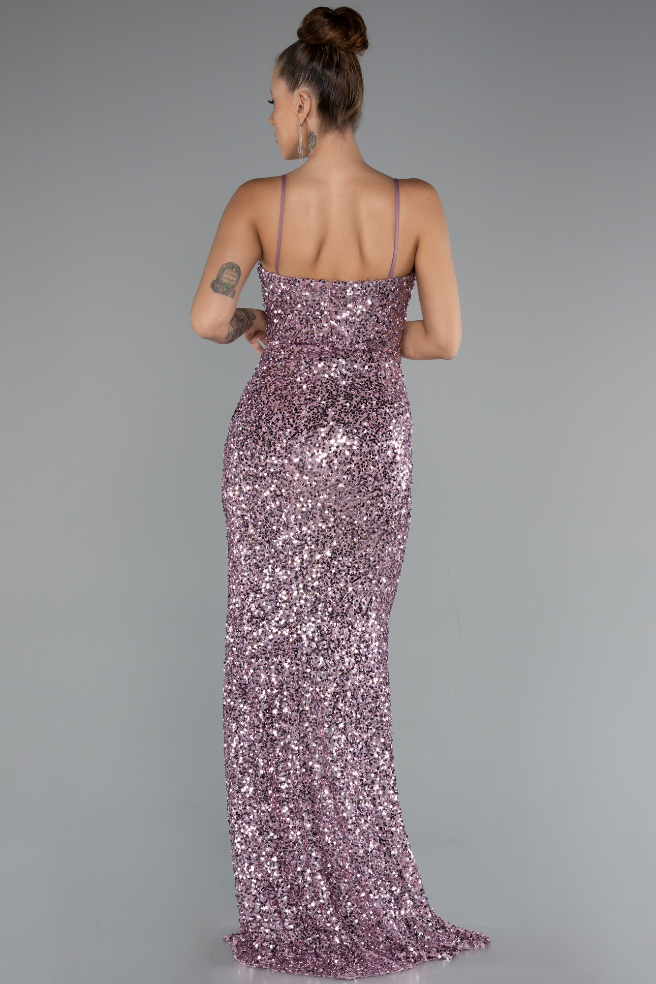 Pudra Yırtmaçlı Göğüs Drapeli Uzun Pullu Abiye Elbise ABU4842 - Görsel 2