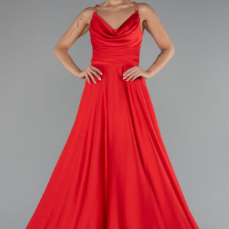 Kırmızı Zincir Askılı Göğüs Drapeli Uzun Saten Abiye ABU5146