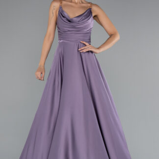 Lavanta Zincir Askılı Göğüs Drapeli Uzun Saten Abiye ABU5146