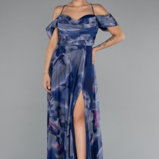 Lacivert Bacak Dekolteli Uzun Empirme Abiye Elbise ABU5148