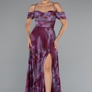 Lavanta Bacak Dekolteli Uzun Empirme Abiye Elbise ABU5148