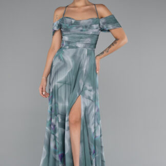 Mint Bacak Dekolteli Uzun Empirme Abiye Elbise ABU5148