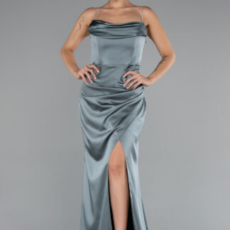 Firuze Bacak Dekolteli Göğüs Drapeli Uzun Saten Abiye ABU5149