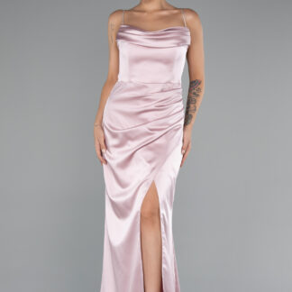 Pudra Bacak Dekolteli Göğüs Drapeli Uzun Saten Abiye ABU5149