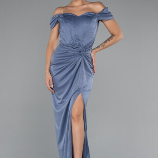 İndigo Kayık Yaka Balen Korse Uzun Simli Abiye ABU3473