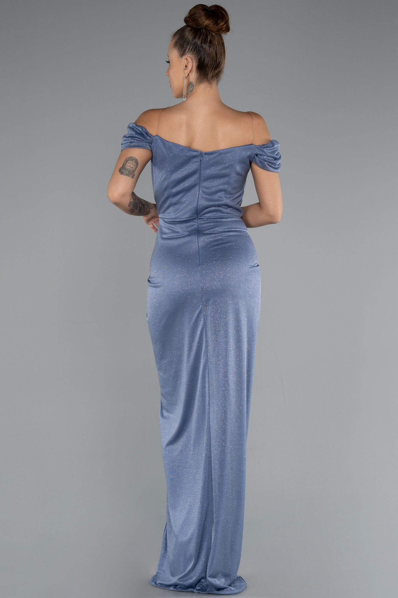 İndigo Kayık Yaka Balen Korse Uzun Simli Abiye ABU3473 - Görsel 2