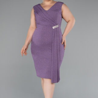 Lavanta Kolsuz V Yaka Simli Midi Büyük Beden Abiye ABK1752