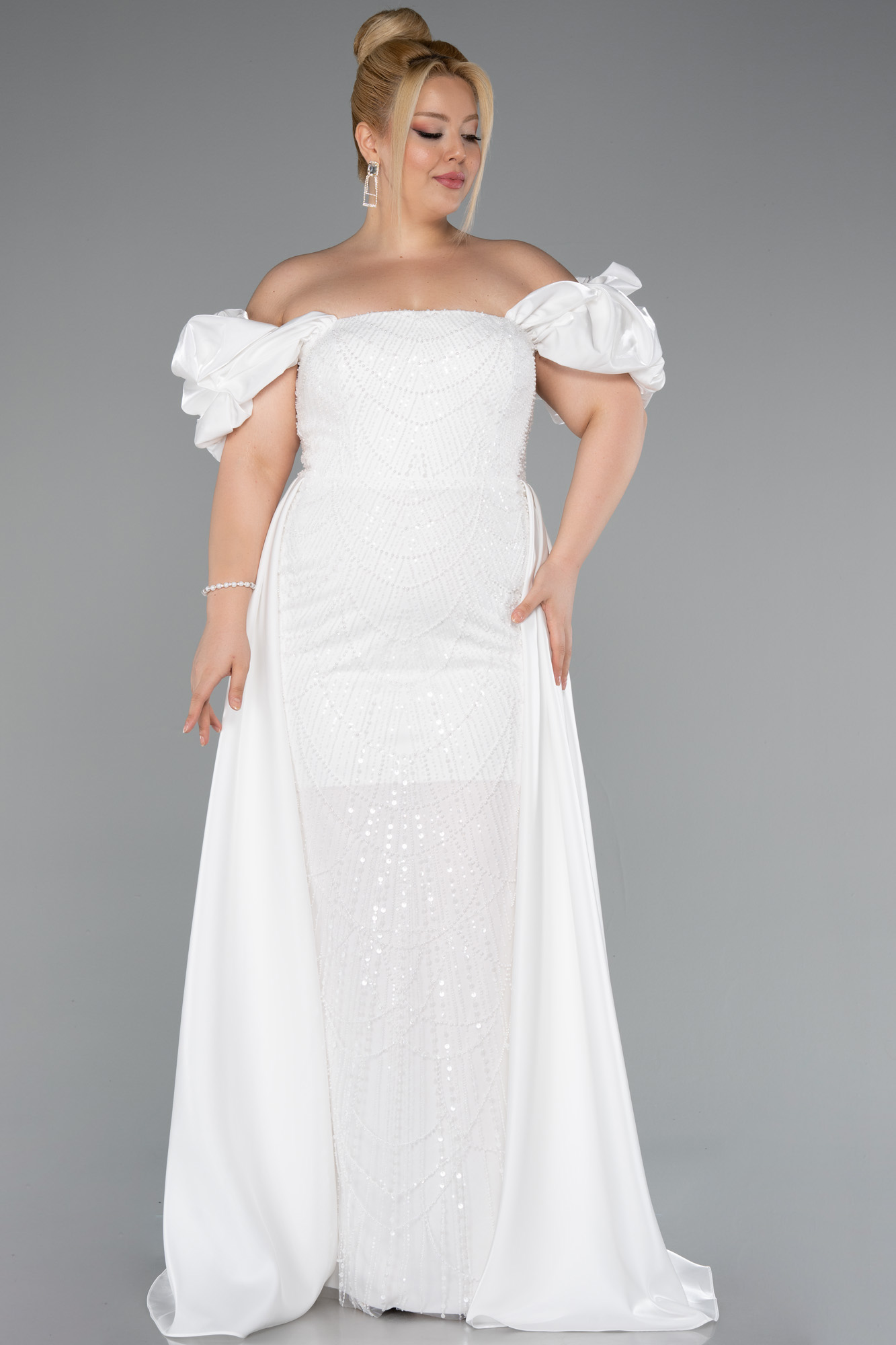 Ekru Kayık Yaka Kuyruklu Uzun Boncuklu Büyük Beden Abiye ABU5155 - Görsel 2