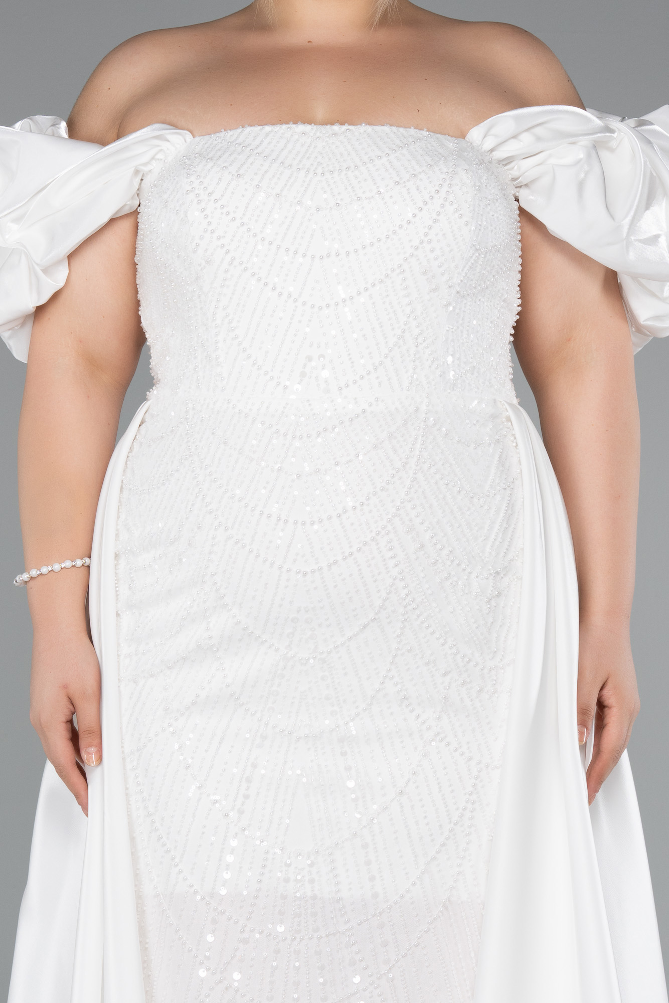 Ekru Kayık Yaka Kuyruklu Uzun Boncuklu Büyük Beden Abiye ABU5155 - Görsel 4