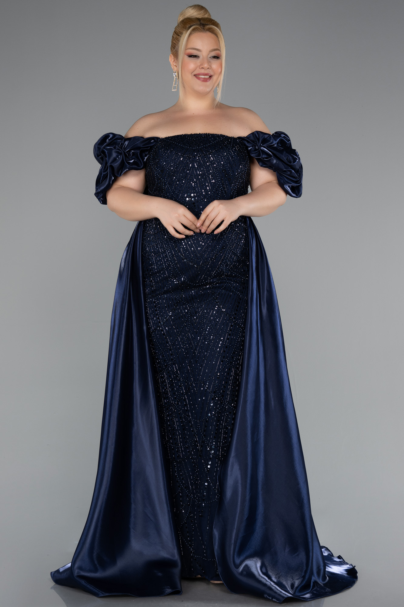 Gri Kayık Yaka Uzun Boncuklu Büyük Beden Abiye ABU5155 - Görsel 5