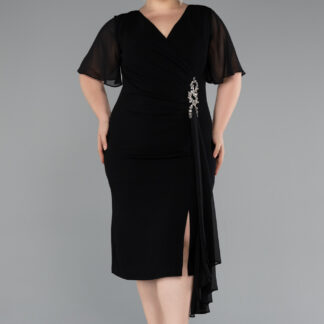 Siyah Şifon Kısa Kol Midi Büyük Beden Davet Elbisesi ABK2401