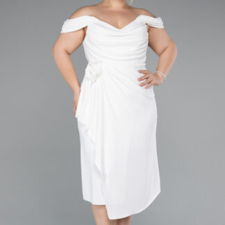 Ekru Kayık Yaka Göğüs Drapeli Midi Büyük Beden Abiye ABK2402