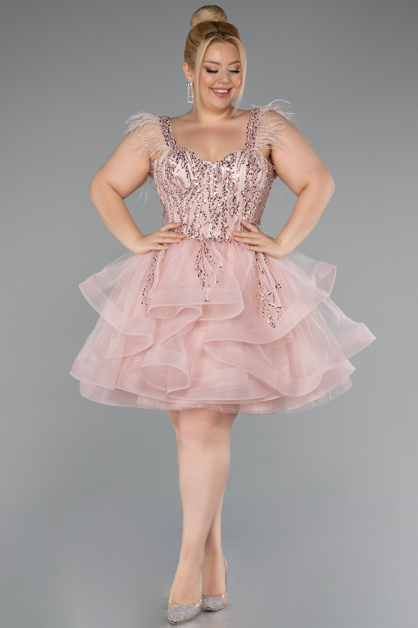 Pudra Üstü İşlemeli Balen Korse Kısa Büyük Beden Abiye ABK2087