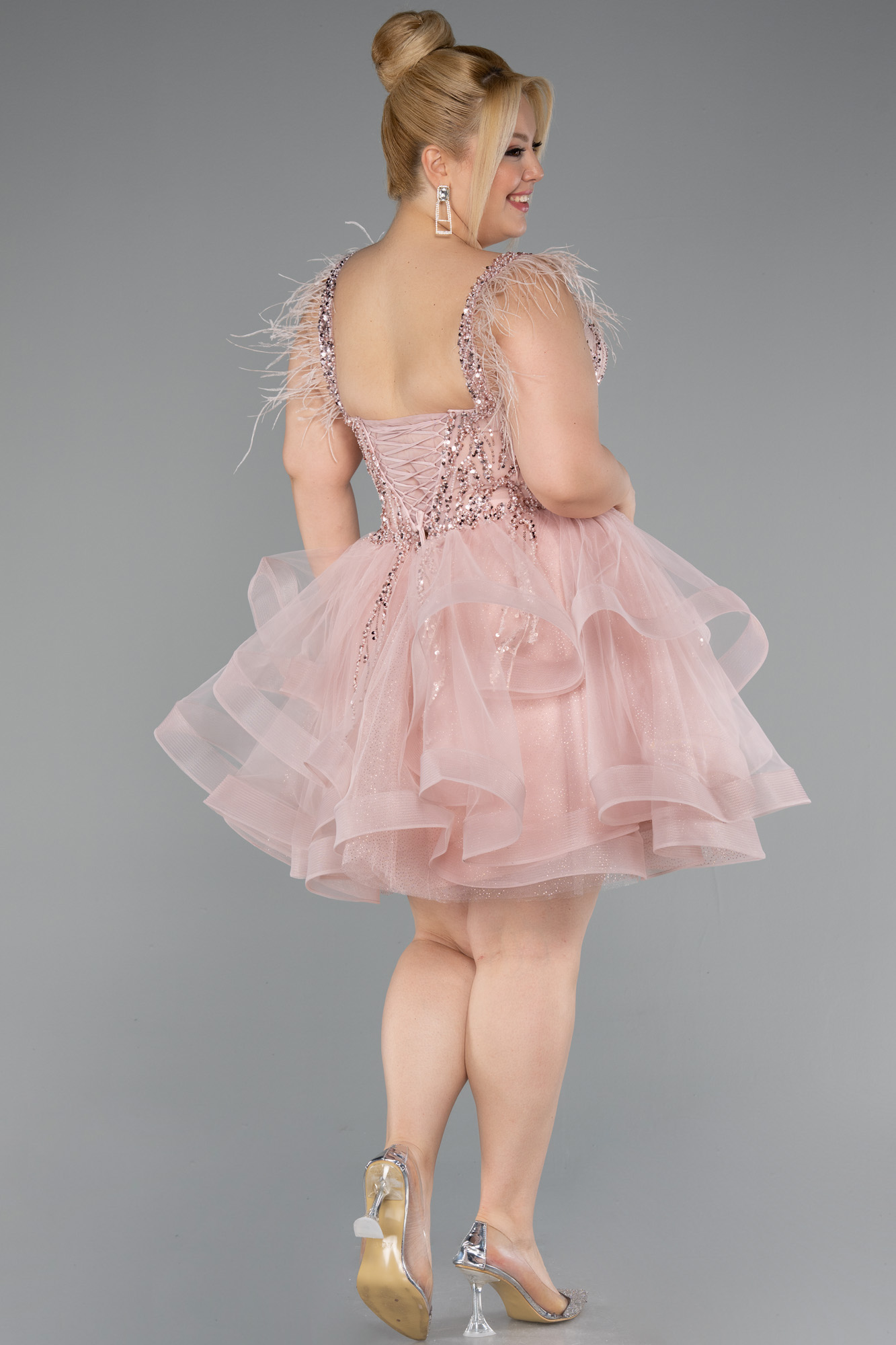 Pudra Üstü İşlemeli Balen Korse Kısa Büyük Beden Abiye ABK2087 - Görsel 2