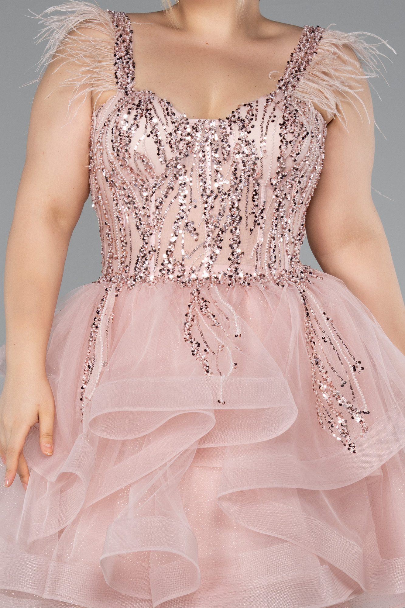 Pudra Üstü İşlemeli Balen Korse Kısa Büyük Beden Abiye ABK2087 - Görsel 3