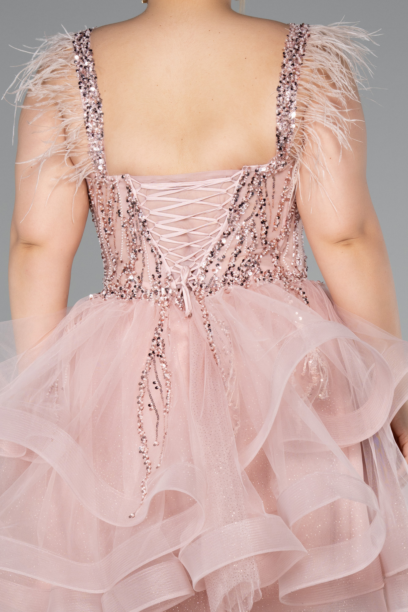 Pudra Üstü İşlemeli Balen Korse Kısa Büyük Beden Abiye ABK2087 - Görsel 4