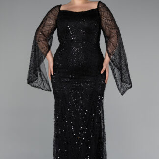 Siyah Uzun Kol Boncuklu Büyük Beden Abiye ABU5067