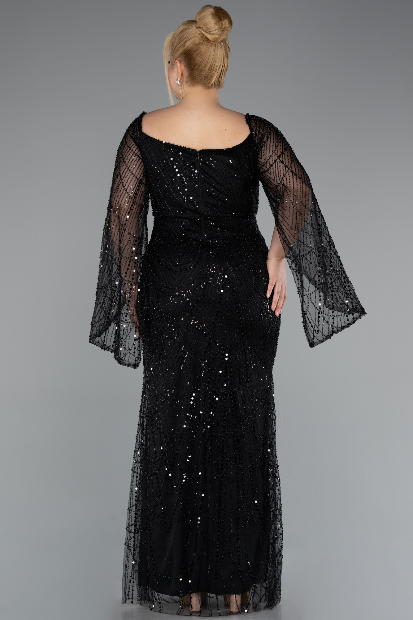 Siyah Uzun Kol Boncuklu Büyük Beden Abiye ABU5067 - Görsel 2