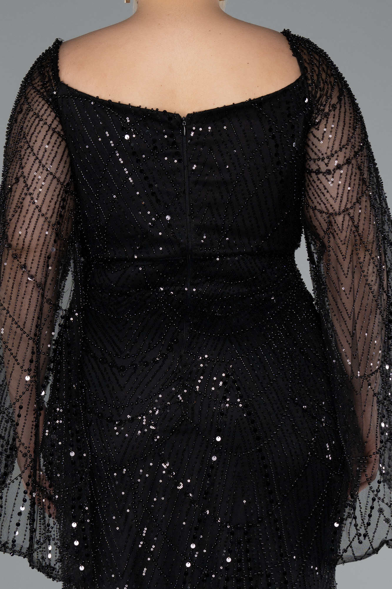 Siyah Uzun Kol Boncuklu Büyük Beden Abiye ABU5067 - Görsel 4