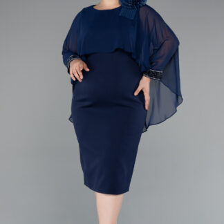 Lacivert Kapri Kol Midi Şifon Büyük Beden Davet Elbisesi ABK2383