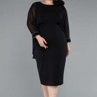 Siyah Pelerin Kol Midi Şifon Büyük Beden Davet Elbisesi ABK2383