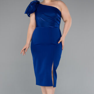 Saks Mavi Tek Omuz Midi Büyük Beden Davet Elbisesi ABK2319