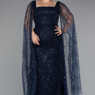 Lacivert Uzun Şal Kol Boncuklu Büyük Beden Abiye ABU5138