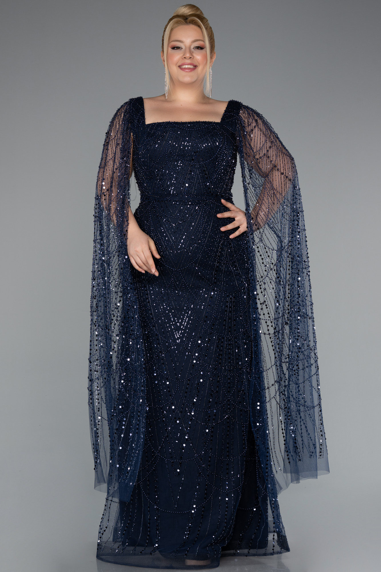 Lacivert Uzun Şal Kol Boncuklu Büyük Beden Abiye ABU5138